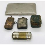 A brass novelty vesta case with hinged lid cast as a crown, along with a travelling ink well and