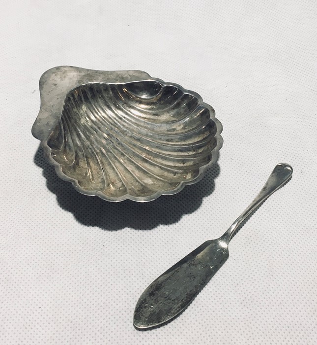 A cased silver butter dish in the form of a shell with mismatched silver knife along with an early - Image 2 of 2