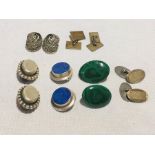 A collection of earrings and cufflinks including silver, gold on silver etc