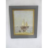 A framed oil on board of Dutch boats - overall size 33cm x 28cm