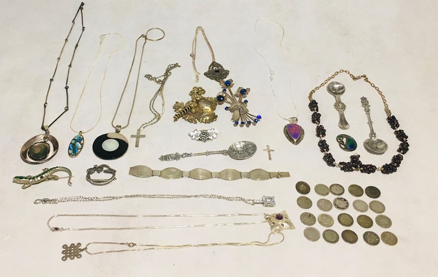 A collection of 925 silver jewellery along with 3 SCM continental spoons and threepenny bits etc