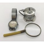 A hallmarked silver mustard pot (no liner), along with a Roamer wristwatch & magnifying glass