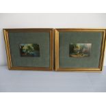 A pair of framed miniature oil paintings. One featuring a man and boys watching fox and hounds,