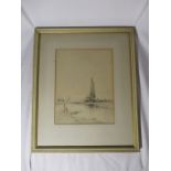 A framed Dutch watercolour of boats on a river estuary, indistinct signature - overall size 49cm x