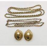 2 x 9ct gold necklaces along with a pair of 9ct gold earrings, total weight 17.7g