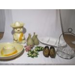 A collection of various items including vases, biscuit barrel in the form of a bear, clog