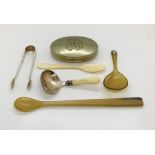 A pair of hallmarked silver sugar tongs, an SCM snuff box dated 1884, horn spoons etc