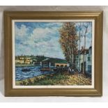 A framed unsigned impressionist oil on board of a Dutch river scene. Overall size 67cm x 78cm