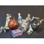 A Lladro style figurine, Tiffany from the Lucerne collection and various vases etc.
