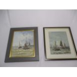 Two framed unsigned Dutch oil paintings of boats - overall size of both 33cm x 28cm