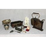 An assortment of items including a Smiths mantle clock, silver plated items, tie pin, copper