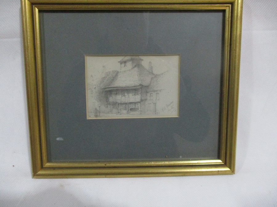 Three small framed pencil drawings including a drawing of two horses, street scene etc, all - Image 5 of 9