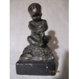 A small bronze figure of a baby, signed F.B and dated 1905 on slate base, overall height 15.5 cm