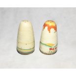 Two Clarice Cliff sugar shakers