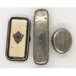 An early 20th century ivory case inlaid with silver (top loose) along with two hallmarked silver