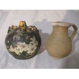 A Verwood Costrel, part painted with floral decoration (20cm height) along with a Verwood jug
