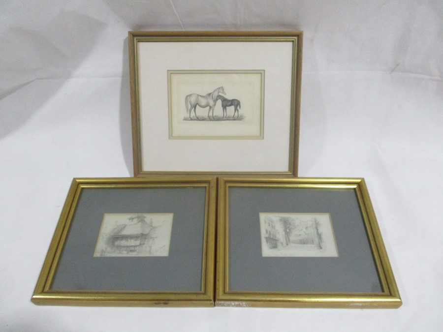 Three small framed pencil drawings including a drawing of two horses, street scene etc, all