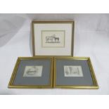 Three small framed pencil drawings including a drawing of two horses, street scene etc, all