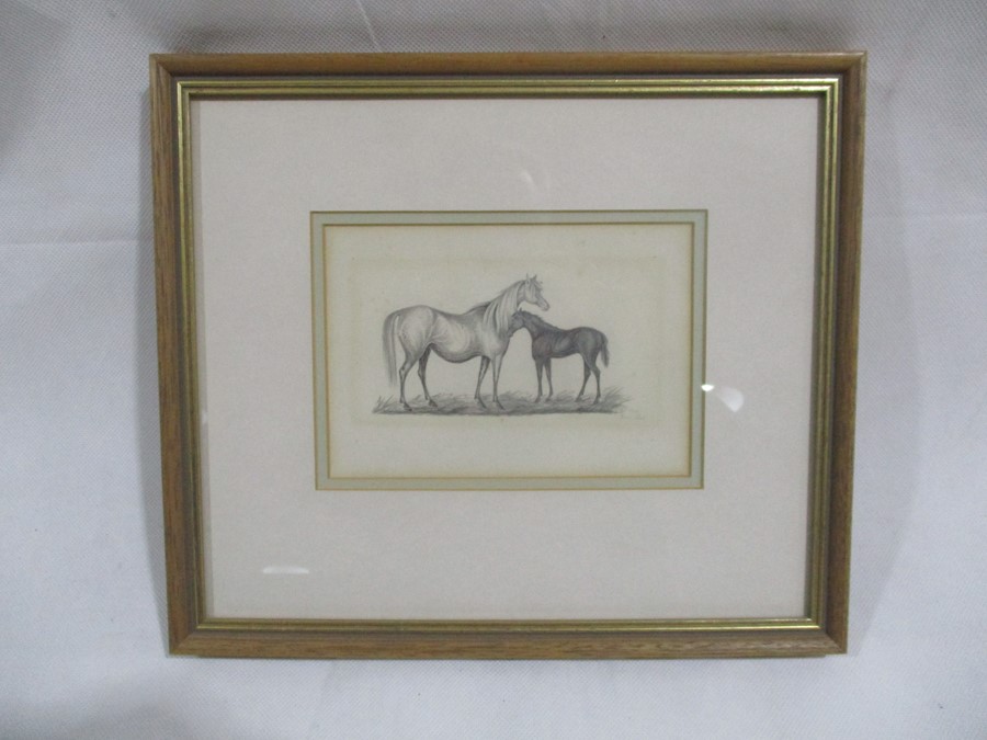 Three small framed pencil drawings including a drawing of two horses, street scene etc, all - Image 2 of 9