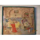 A framed print depicting a whimsical scene of Rabbits at home entitled "Bedtime" by Margaret Ross