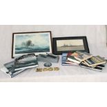A collection of HMS Bismarck and Hood related items including, books, prints etc.