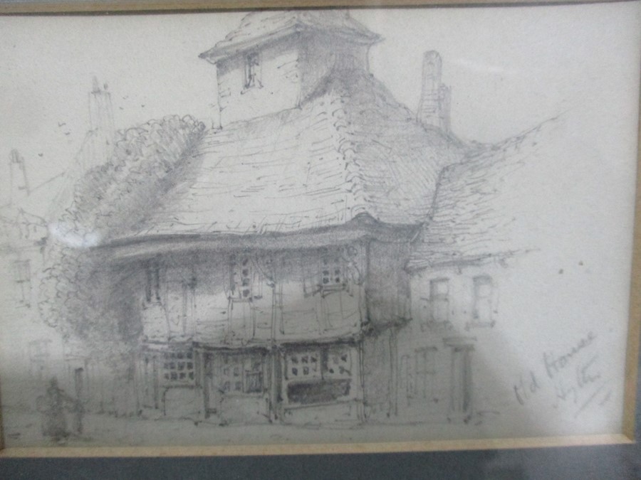 Three small framed pencil drawings including a drawing of two horses, street scene etc, all - Image 6 of 9