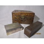 A carved Oriental box (A/F) along with a State Express silver plated cigarette box and a wooden
