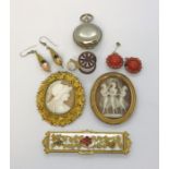 Two cameos, enamelled earrings, enamelled tape measure, coral earrings ( 1 stone missing) and a