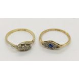 An 18ct gold diamond 3 stone ring along with an 18ct gold and platinum diamond and sapphire ring ( 1