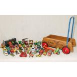 A collection of die cast cars including Corgi, Dinky etc along with a tin plate wind-up corn toy,