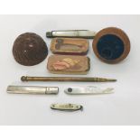 A silver pencil case, silver fruit knife, treen egg shaped etui ( empty) etc.