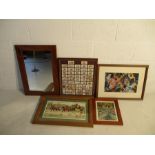 A framed collection of fire engine related cigarette cards, along with three framed pictures and