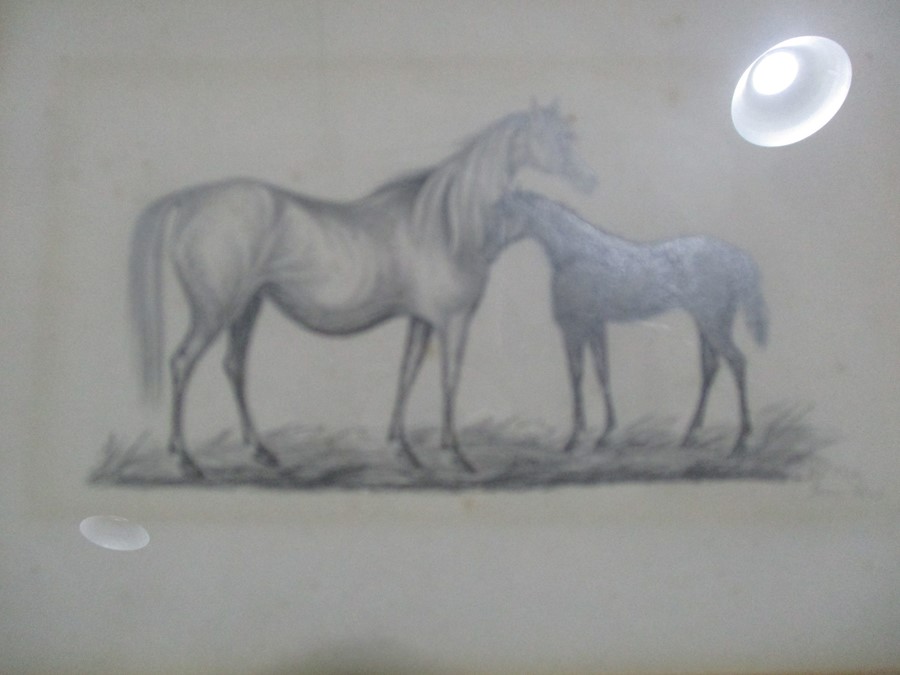Three small framed pencil drawings including a drawing of two horses, street scene etc, all - Image 3 of 9