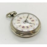 A ladies continental silver fob watch with enamelled dial and inscribed picture of Mont St Michel to