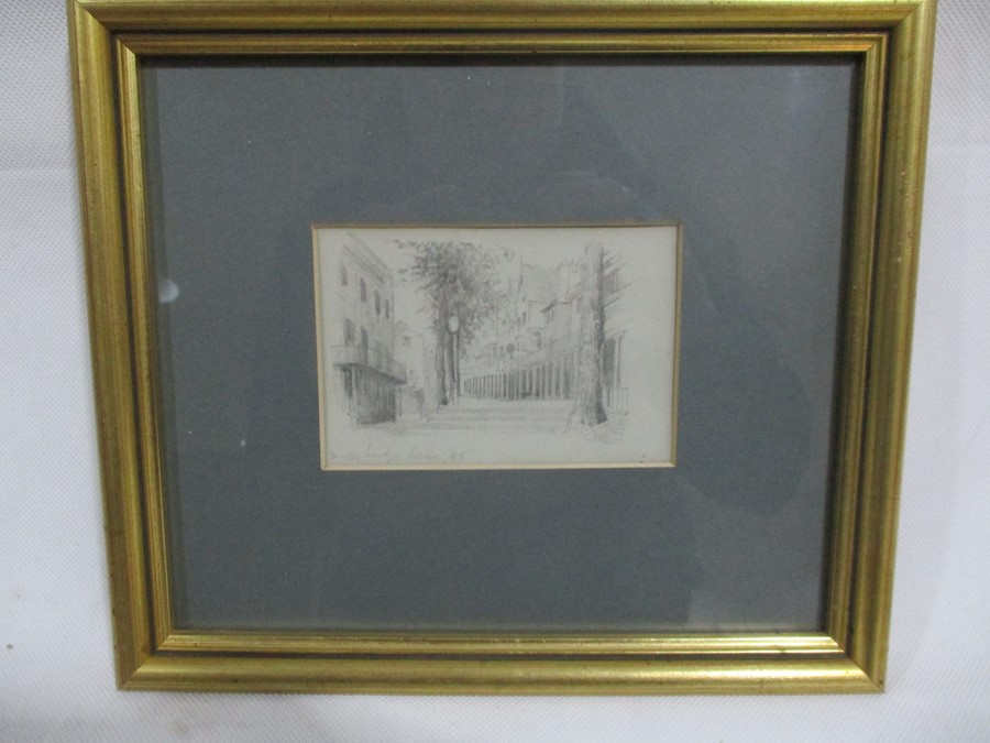 Three small framed pencil drawings including a drawing of two horses, street scene etc, all - Image 7 of 9