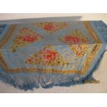 A 20th Century Chinese blue silk piano shawl decorated with gold thread