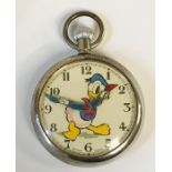 A Donald Duck white metal pocket watch with the hands formed by his arms
