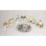 A collection of pastel burners, Staffordshire dog and a plate