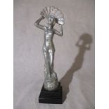 A chromed Art Deco figure of a girl with a fan, 33cm height