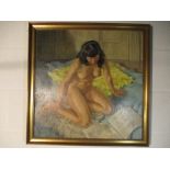 An oil on canvas of a naked young lady reading a magazine by Aubrey Claude Davidson-Houston, dated