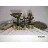 A set of Libra scales, plus various brass items