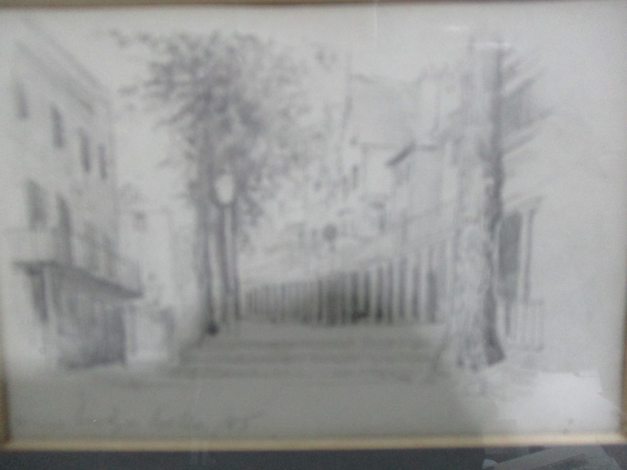 Three small framed pencil drawings including a drawing of two horses, street scene etc, all - Image 8 of 9