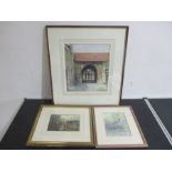 A collection of three framed watercolours including "The approach to the cathedral", "Toad Rock,