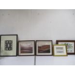 A collection of five framed paintings/prints including "Heathered Moor" & "Dusk" acrylics on