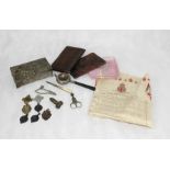 A collection of various items including a WW2 silk handkerchief, vintage running medals, leather