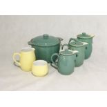 A set of three Denby Manor Green Stoneware jugs along with a casserole dish and Langley jug and
