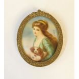 A miniature portrait of a young lady with King Charles spaniel, indistinct signature