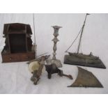 A collection of metal and wood ware including a part Parker Yacht lighter, pipe rack, Elkington