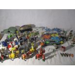 An assortment of toy soldiers, knights, space figures, horses , animals. Some A/F