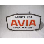 An Avia Swiss Watches light-up shop advertising sign